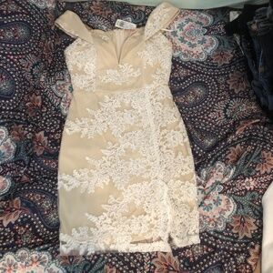 A’GACI Embroidered Off Shoulder Dress Taupe/Khaki Small